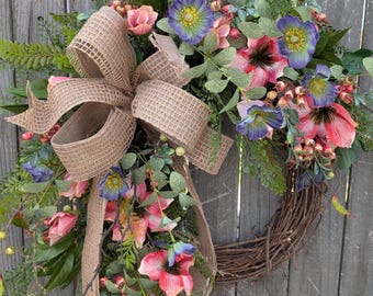 Wreath, Spring Pink Wreath, Lily, Fern, Cosmos Blooms, Artificial Wreath for Door, Mother's Day Wreath, Natural Wreath 478*