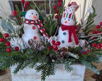 Snowman Table Arrangement for Christmas and Winter, Centerpiece for table mantle End table, foyer, Rectangular, Snowy Crate 34*