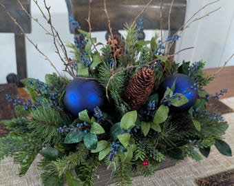 Christmas Hanukkah Centerpiece, Blue and Evergreen Rectangular Arrangement for Winter, Rustic Christmas Centerpieces for table mantle 62*
