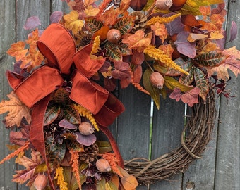 Fall Wreath, Fall Berry Wreath, Fall Leaf Wreath, Fall Pumpkin Bow Wreath, rust, orange, purple 406sku