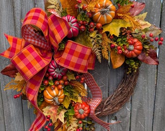 Fall Wreath, Pumpkin Wreath, Fall Leaf Wreath,  Bright Colors, Huge Gingham Bow, Halloween Decor 489*