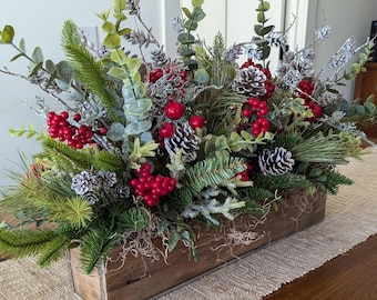 Christmas Centerpiece, Flower Crate Arrangement for Christmas, Tall Rustic Christmas Centerpieces for table mantle, Modern Farmhouse Decor