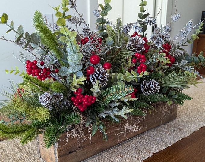Featured listing image: Christmas Centerpiece, Flower Crate Arrangement for Christmas, Tall Rustic Christmas Centerpieces for table mantle, Modern Farmhouse Decor