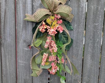 Spring Pink Berry Swag, Medium Sized Door Swag, Baby Shower, Wedding, Large Lantern Swag, Farmhouse Decor