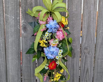 Swag for Door, Spring, Easter, Small Door Swag, Hydrangea and Wildflower Decoration with bow Teardrop, Blue, Pink, Colorful Swag 41*