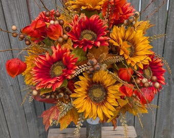 Fall Cemetery Vase Filler, Artificial Floral Arrangement,  Autumn Cone Insert, Male, Female, Mother, Father, Sunflower Memorial*