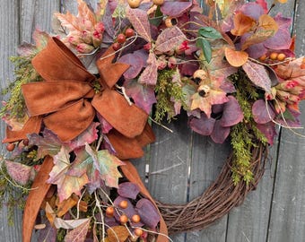 Fall Wreath, Wreath for Fall / Autumn, Harvest Burgundy Purple Wreath, Door Wreath, Cozy Halloween Door Wreath, Horn's, Limited Edition 445*