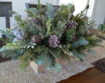 Winter Evergreen Centerpiece, Rectangular, All winter long, Winter Greens and Grays, Farmhouse Crate Arrangement Table, Mantle, Crate 38*