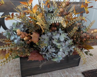 Fall Centerpiece, Arrangement for Dining Table, End Foyer, Mantle, Fall Blue Hydrangea, Autumn Leaves, Thanksgiving, Limited Edition*