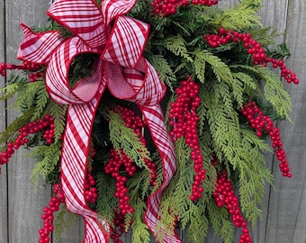Christmas Wreaths / Holiday Red and White Deluxe Plaid Bow, Christmas Door Decoration, Realistic Wreath 464*