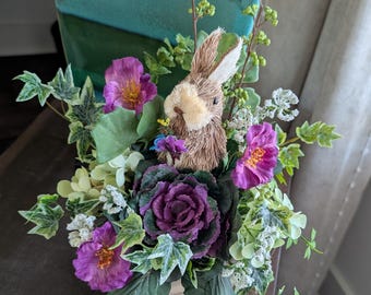 Rabbit Table Arrangement, Small Easter Artificial Floral Purple with Sisal Rabbit Holding flowers, Coffee Table Easter, Cabbage Crate 42*
