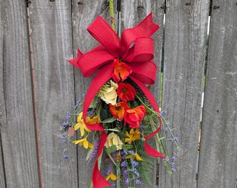 Small Swag with Red Bow, Lantern Decoration, Vibrant Summer Floral Decor
