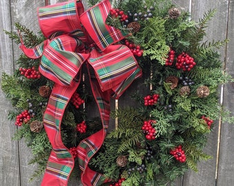 Christmas Wreath, Christmas Door Wreath, Warm Plaid Winter Natural Wreath Christmas wreath Snowy Wreath Door, Red Berries, Christmas 321