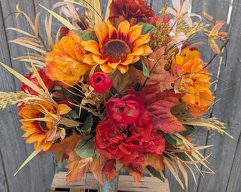 Fall Cemetery Cone Vase Insert, Artificial Floral Arrangement, Peony Sunflower Memorial*