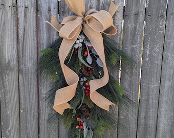 Large Winter Christmas Swag, Neutral Burlap Winter Swag, Large Teardrop, Evergreen with Berries, Christmas Winter swag Country Christmas