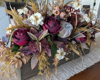 Fall Arrangement Rectangle, Burgundy Rose Fall Centerpiece, Moody Halloween, Till Death do us Part Wedding, Deep Red Arrangement for Fall