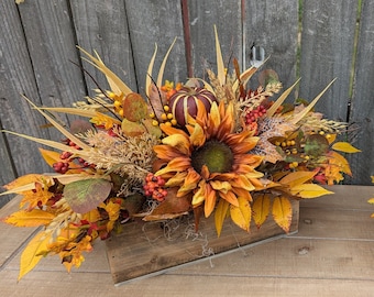 Fall Centerpiece Arrangement, Rectangular Box Arrangement, Small Medium Long Piece for Dining Table, End Foyer, Pumpkin Sunflower, Halloween