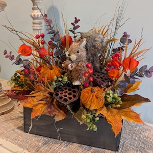 Fall Centerpiece, Squirrel Arrangement Dining Table, Mantle, Velvet Pumpkins, Autumn Leaf, Thanksgiving, Halloween 10*