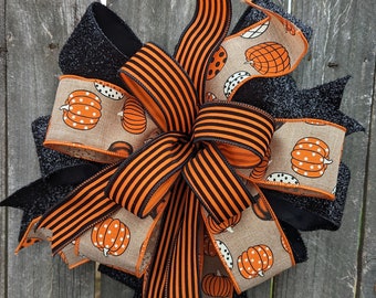 HALLOWEEN Bow, Door Bow, Wired Pumpkin Bow, Halloween bow for Door or Wreath, Large Bow, Lantern Bow, Fall Bow, Refresh Old Fall Wreath