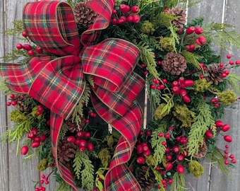 Christmas Wreath, Cozy Plaid Holiday Wreath, Tartan Red and Green Oversized Bow, Cypress, Moss, and Berries, Festive Christmas Wreath 452*