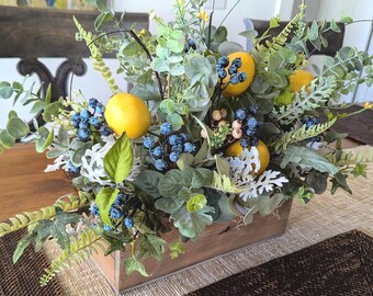 Centerpiece, Kitchen Table Arrangement with Lemons, Year Round, Farmhouse Lemon Blueberry Centerpieces for table mantle, Modern Farmhouse