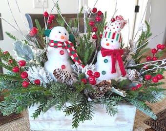 Snowman Table Arrangement for Christmas and Winter, Centerpiece for table mantle End table, foyer, Rectangular, Snowy Crate 34*