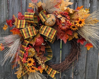 Fall Wreath, Fall / Autumn Wreath, Fall Straw Wreath with Bow, Pumpkin and Gourd Thanksgiving, Halloween, Horns Handmade