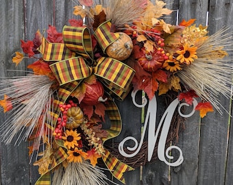 Fall Wreath, Autumn Wreath, Burlap Fall Wreath, Burlap Fall Monogram Wreath, Wreath with Letter, Horn's 154