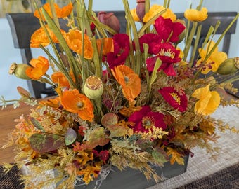 Fall Table Centerpiece, Autumn Rustic Centerpieces, Tricolor Poppies and Pods, Red, Orange, Yellow, Modern Farmhouse Decor, Flower Box