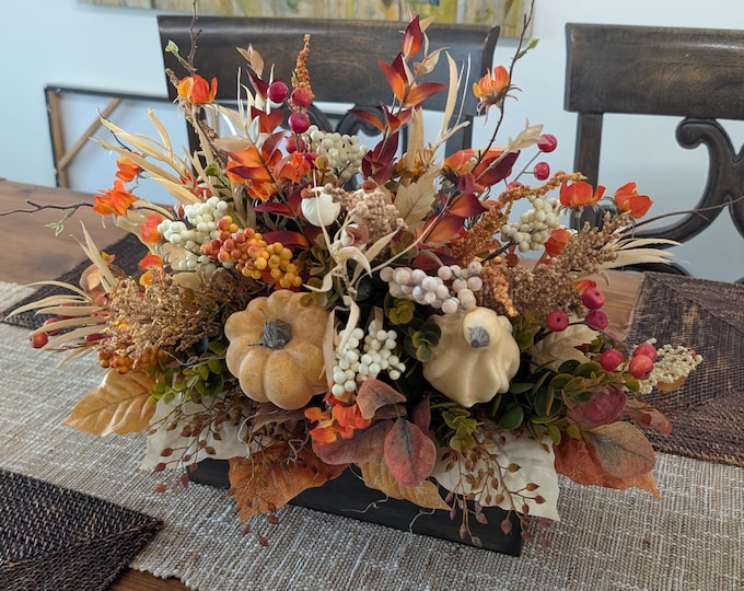 Featured listing image: Fall Centerpiece, Arrangement for Dining Table, Pumpkin and Gourd, Autumn Leaves, Thanksgiving, Halloween Crate 54*