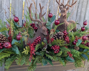 Christmas / Winter Table Arrangement, Woodland Velvet Deer Crate Arrangement Christmas,  Red Berry Burgundy Centerpiece, Mantle Crate 31*