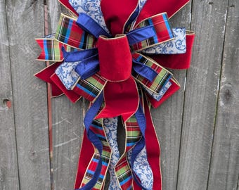 Christmas Bow, Large, Blue Hues Wired Large Layered Ribbon, Royal Blue, Elegant Fall Chinoiserie, Nutcracker Theme, For Wreath, Tree Topper