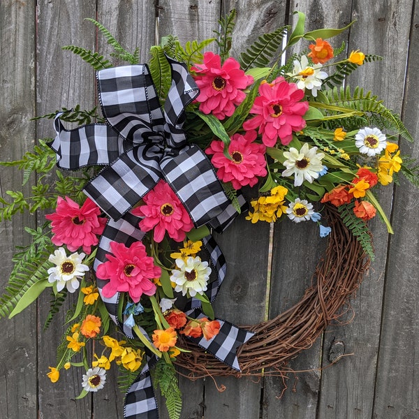Spring Wreath, Summer Wreath, Front Door Wreath, Bright Pink Zinnia Wreath, Black and White Buffalo Check Door Wreath, Wreath with Bow 178