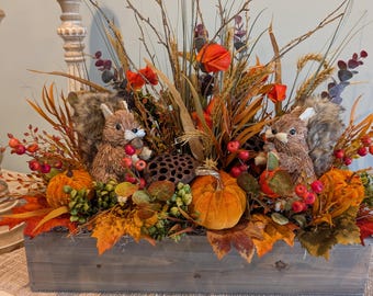 Fall Arrangement Pumpkin Squirrel Rectangle, Centerpiece, Rustic Centerpieces, Modern Farmhouse Table Forest Friends Decor, Crate 10