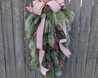 Christmas Swag, Extra Large Teardrop Door Swag, Frosted Christmas, Frosty Swag, Icy, Drippy Pine, Berries, Red and Ivory Ticking Sugar Plum*