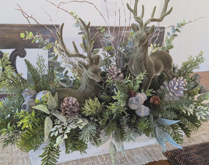 Featured listing image: Christmas / Winter Table Arrangement, Woodland Velvet Deer Crate Arrangement Christmas,  Centerpieces for table mantle, Crate 30*