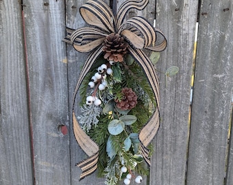 Christmas Lantern Swag, Small Swag, Winter Christmas Decor, Rustic Cabin Swag with Burlap Stripe  Ribbon, White Berries, Rustic Christmas*