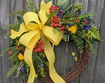 Spring wreath, wildflower wreath, fern wreath, welcome wreath, Summer wreath, door wreath, Yellow Wreath, Mixed flowers door wreath 201