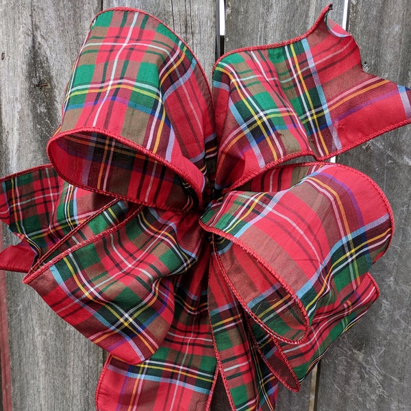 Plaid Christmas Bow, Wired Christmas Ribbon for Wreath Bow, Plaid Bow, Elegant ribbon, Green Bow for Christmas Decoration Rudolph