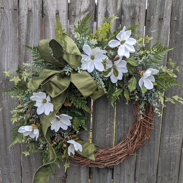 Spring Wreath Magnolia, Wreath, Cream Spring Wreath, Elega Wreath, Everyday Wreath for Spring, Summer, Front Door Wreath, Etsy 195