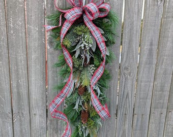 Christmas Door Swag, Large Swag for Door or Lamp post, Wreath alternative, Winter Door Decor, All winter Long, Teardrop Swag, Cozy Plaid*