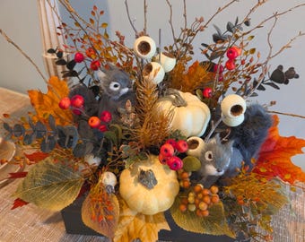 Fall Arrangement Pumpkin Squirrel Rectangle, Centerpiece, Rustic Centerpieces, Modern Farmhouse Table Forest Friends Decor, Crate 26