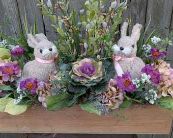 Rabbit Arrangement, Easter Centerpiece, Rustic Farmhouse Easter Centerpieces, Purple Farmhouse Decor, Bunnies in the cabbage patch Crate 44