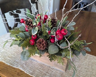 Christmas Modern Winter Wooden Crate Christmas Arrangement, Bright Red Berries, Evergreen, Sticks, Farmhouse Rectangular Box Arrangement