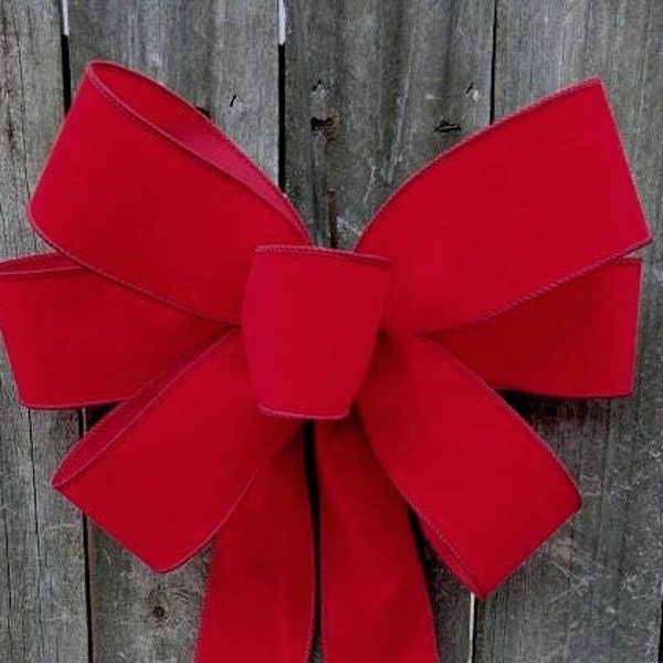 Red Bow, Christmas Wreath Bow, Window Bow, Red Indoor/ Outdoor Christmas Wreath Bow, Red Wired Velvet - Finish Ribbon Bow, Bright Red Wired