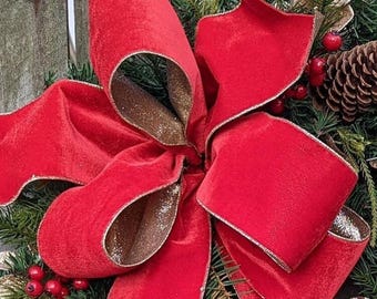 Christmas BOW ONLY Red Plush Velvet and Gold Christmas Sparkle Red Velvet Bow Christmas Wreath Bow, Formal Christmas Bow for Wreath RIVA