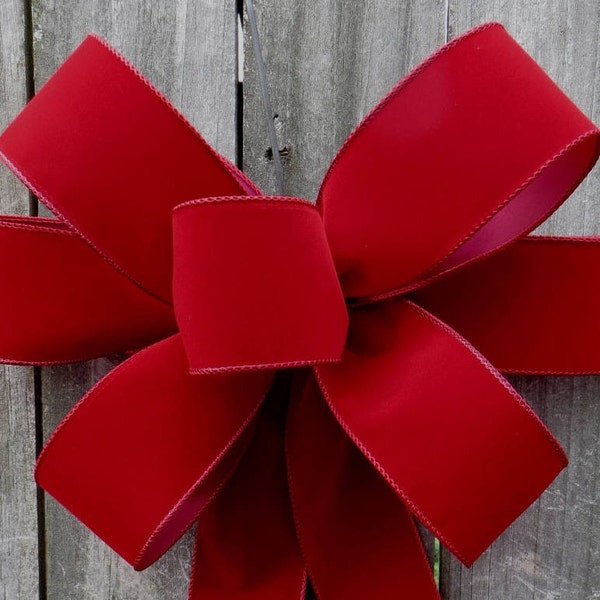 Christmas Bow, Deep Red Brick Christmas Wreath Bow, Door Window, Dark Red Indoor/ Outdoor, Brick Red Wired Velvet - Finish Bow