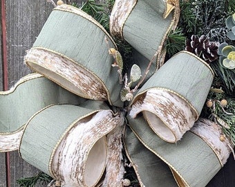 CHRISTMAS BOW ONLY,  Bow for wreath, Sage, Gold Cream, Winter Wedding, Large Bow, 4 loops of each ribbon, Sage Christmas