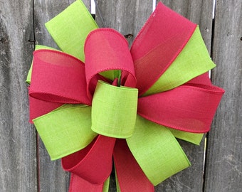 Christmas Bow, Red and Bright Green Christmas Wreath Bow, Door Window, Large Red and Lime Green Mixed Ribbons Wired Linen - Finish Bow