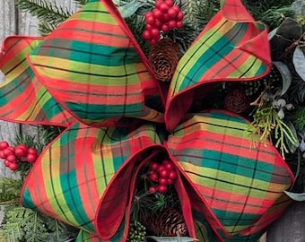 Christmas BOW ONLY for Wreath, Whimsical Fun Plaid, Bright and Emerald Green, Red, Well Wired Westin